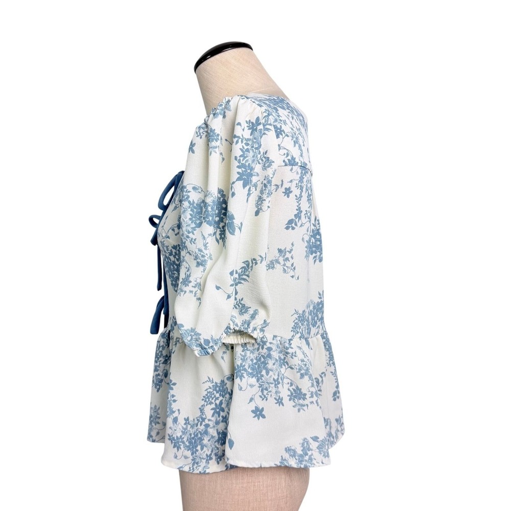 Monteau Los Angeles Floral Tie Front Peplum Blouse Blue Cream Small - Picture 4 of 9